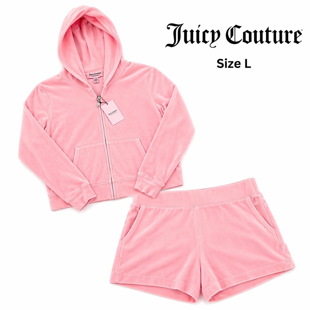 Juicy Couture Flamingo Pink Velour Set Hoodie Shorts NWT Size L Y2K